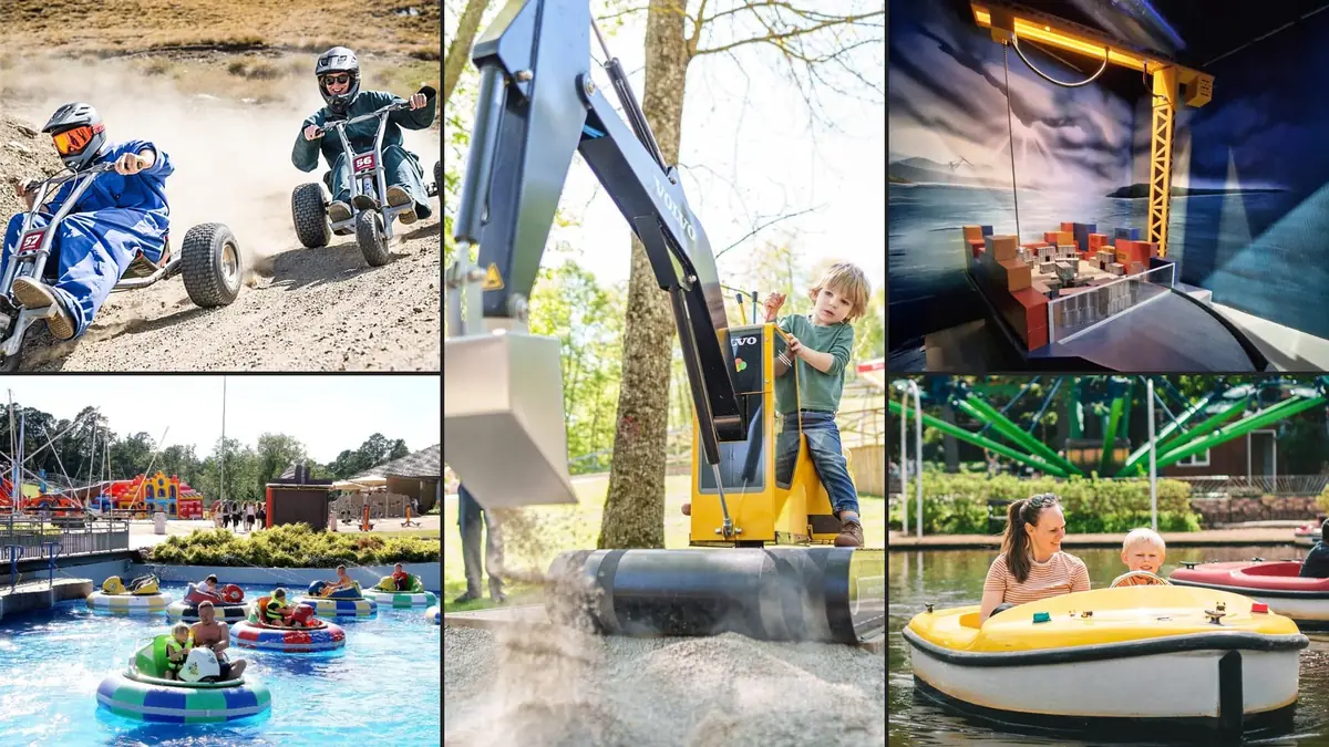 Collage of attractions: go-karts, ride-on excavator, crane game, bumper boats