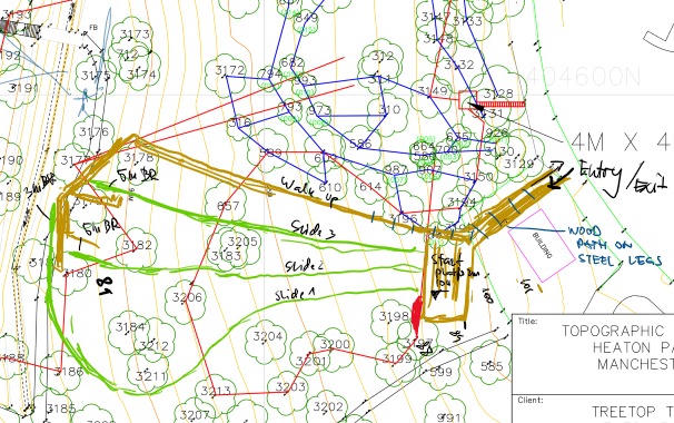 Rough hand sketch of three slide lines on a topographic site plan