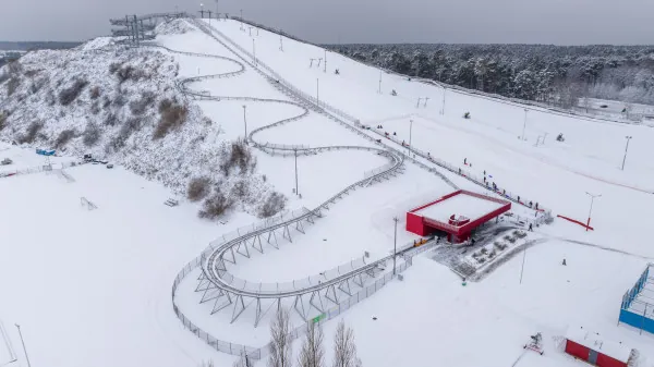 Aerial view of the Ventspils alpine coaster in winter