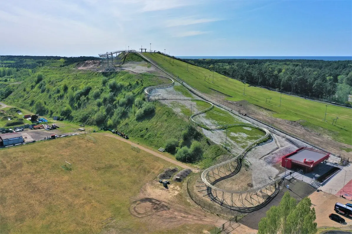 Aerial view of the Ventspils alpine coaster in summer