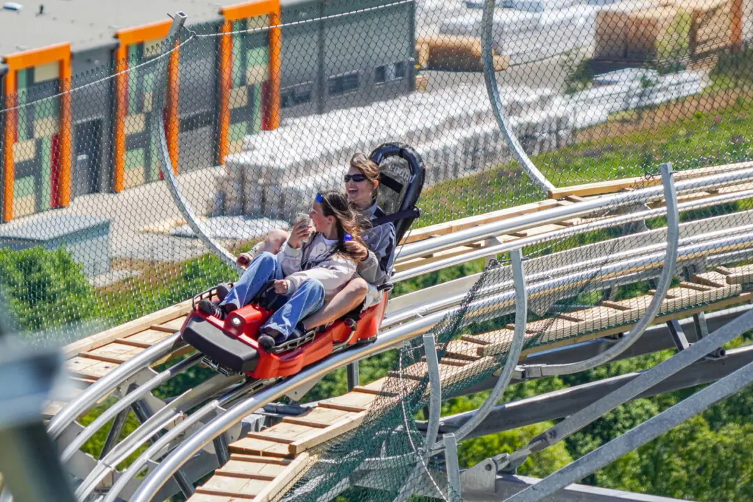 Two riders on a sled on the Ventspils alpine coaster